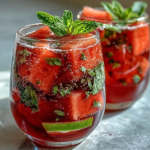 Watermelon Mint Vodka Spritz Mocktail with vibrant mint leaves and fresh lime slices, perfect for a refreshing summer drink.