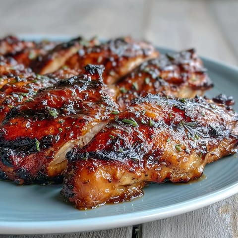 Juicy honey garlic grilled chicken thighs with a sticky, savory-sweet glaze, perfect for summer barbecues and family dinners.