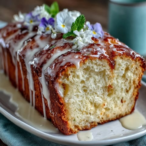Moist lemon drizzle cake with edible flowers, tangy glaze and delicate floral decoration, perfect for Mothers Day celebrations.