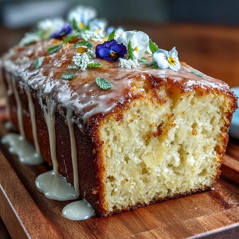 Zesty lemon loaf cake topped with sweet citrus drizzle and vibrant edible blooms, a beautiful Mothers Day dessert centerpiece.