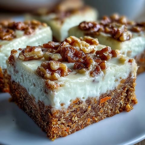 Decadent carrot cake cheesecake bars with swirls of spiced carrot cake and rich cream cheese filling, topped with crunchy walnuts.