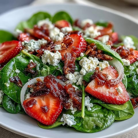 Spring Strawberry Spinach Salad with goat cheese and candied pecans, a vibrant mix of fresh berries and greens in tangy balsamic dressing.  