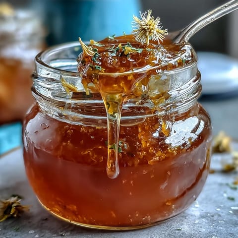 A golden jar of dandelion jelly with fresh lemon and honey, capturing the essence of spring in every spoonful.