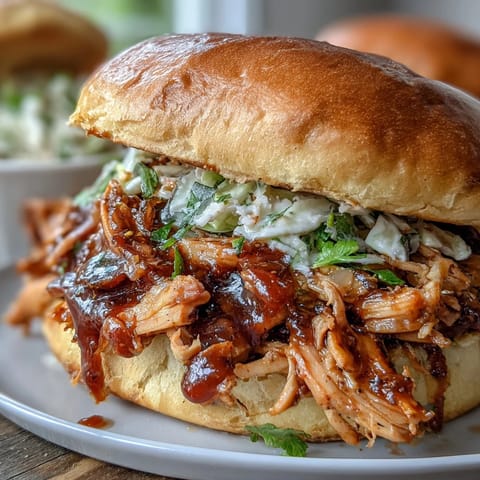 Juicy pulled BBQ chicken piled high on soft buns, topped with creamy coleslaw and tangy barbecue sauce.  