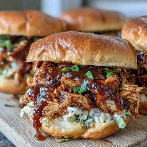 Tender shredded chicken slow-cooked in smoky barbecue sauce, served on brioche buns for a classic summer sandwich.  