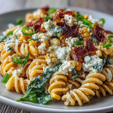 Vibrant Elote Corn Pasta with Cotija cheese, creamy lime dressing, and charred sweet corn in a colorful bowl.