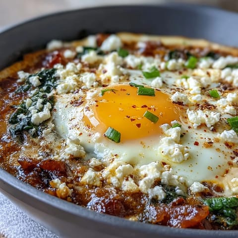 Vibrant spinach and feta shakshuka with poached eggs in spiced tomato sauce, garnished with fresh herbs.