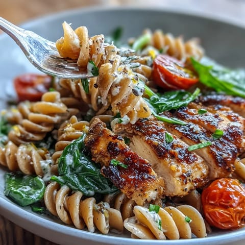 Creamy cottage cheese pasta bowl topped with tender grilled chicken, baby spinach, and juicy cherry tomatoes for a protein-rich meal.  