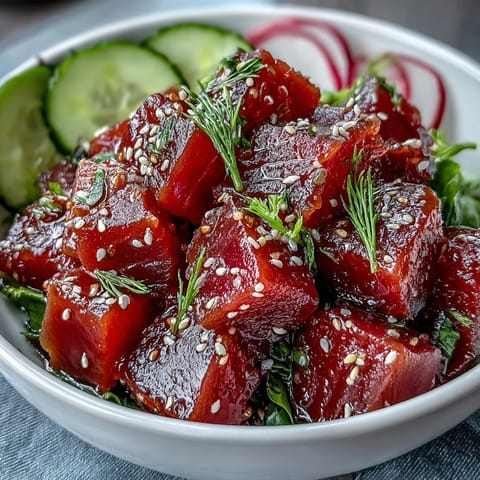Fresh spring tuna poke bowl with vibrant vegetables and ponzu sauce, perfect for a light and healthy meal.