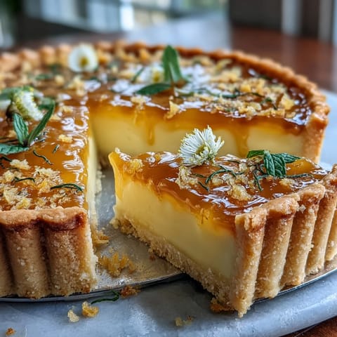 Vibrant lemon curd spring tart with buttery crust, topped with fresh edible flowers for a stunning dessert centerpiece.