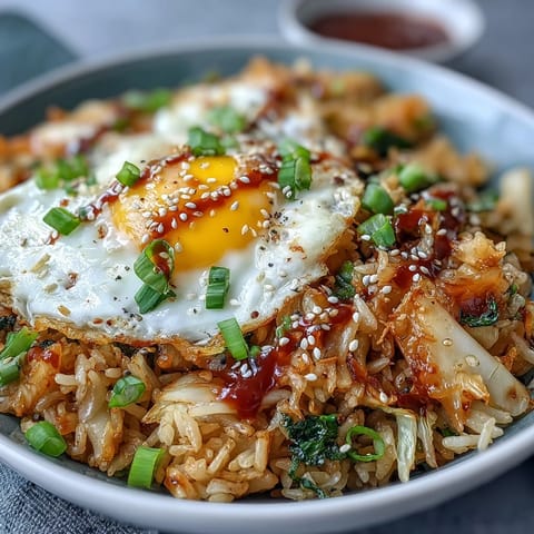 Spicy kimchi and crisp napa cabbage fried rice topped with a golden runny egg and green onions.  