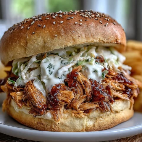 Juicy smoked pulled chicken piled high on soft buns, drizzled with tangy Alabama-style white BBQ sauce.  