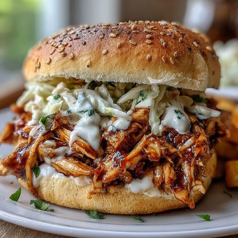 Tender shredded chicken with creamy white BBQ sauce, served on toasted buns for a smoky Southern sandwich.  