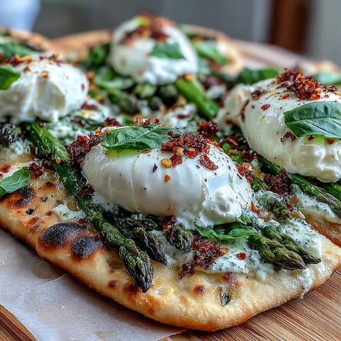 Roasted asparagus flatbread with burrata and lemon, topped with fresh basil and a drizzle of zesty lemon juice.