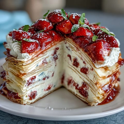 Mother's Day Crêpe Cake with Strawberry Mascarpone, layered with delicate crêpes and luscious strawberry mascarpone cream, garnished with fresh strawberries and mint.