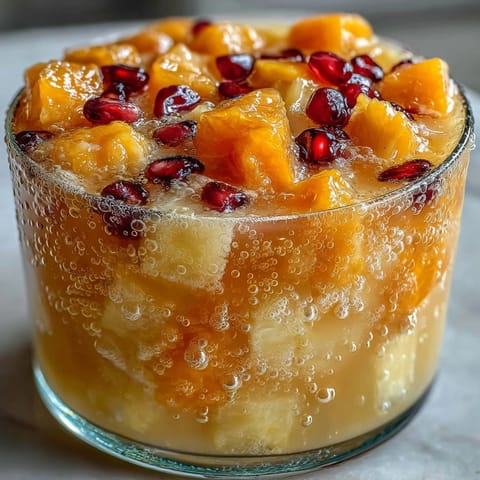 Tropical fruit punch featuring mango and pineapple juices with fizzy lemonade, garnished with fresh fruit slices.