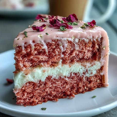 Delicate pink velvet cake with rosé wine, rich frosting, and shimmering gold drip.