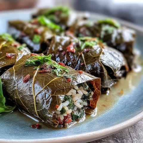 Tender Kurdish Dolma: perfectly rolled grape leaves filled with fragrant herbed rice.