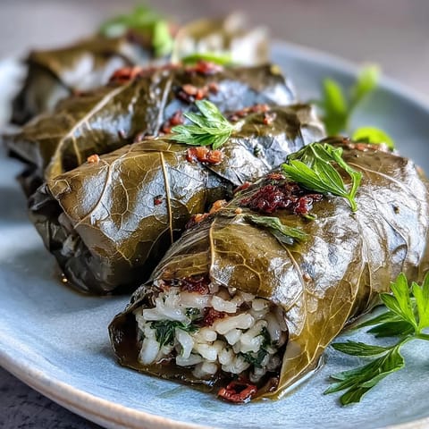 Hearty Kurdish Dolma: savory rice and herb filling wrapped in tender grape leaves.