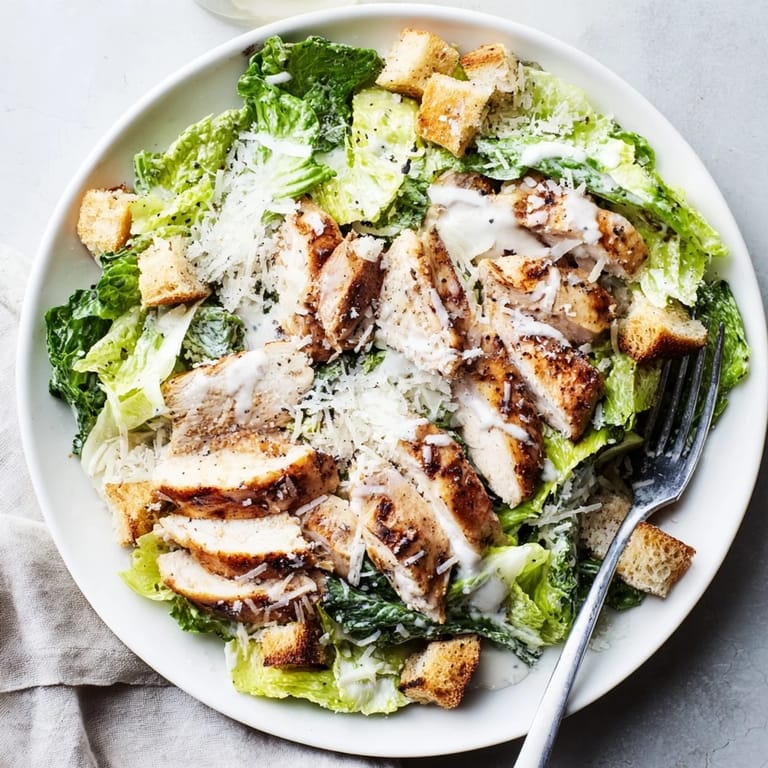 Delicious Chicken Caesar Salad topped with crunchy croutons and creamy Parmesan dressing.  