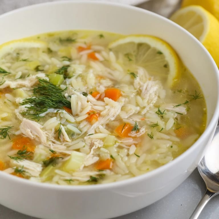 Delicious Greek Lemon Chicken Soup with Orzo, perfect for chilly nights and comfort meals.