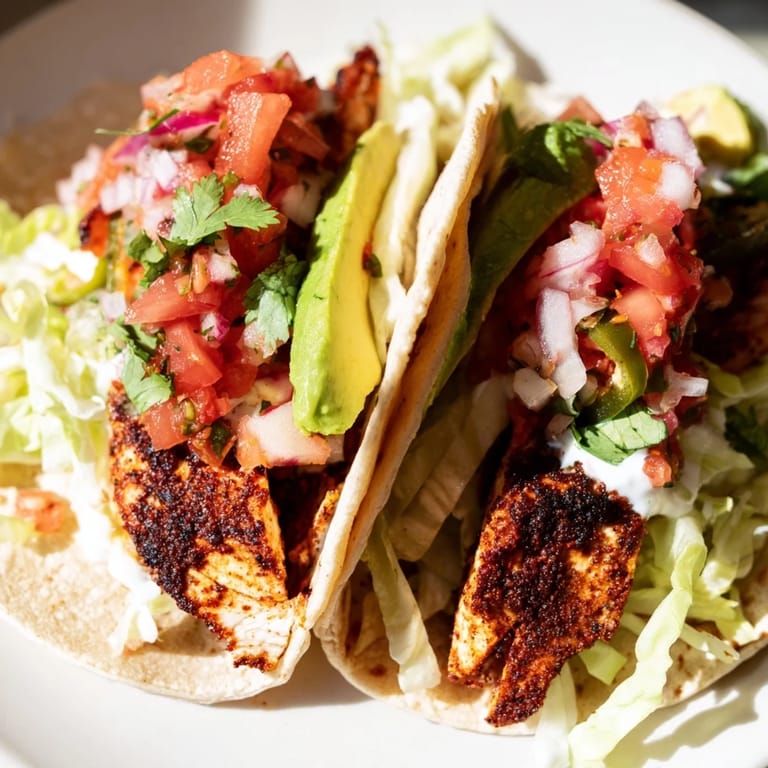 Delicious spicy chicken tacos served with colorful fresh salsa and lime wedges.