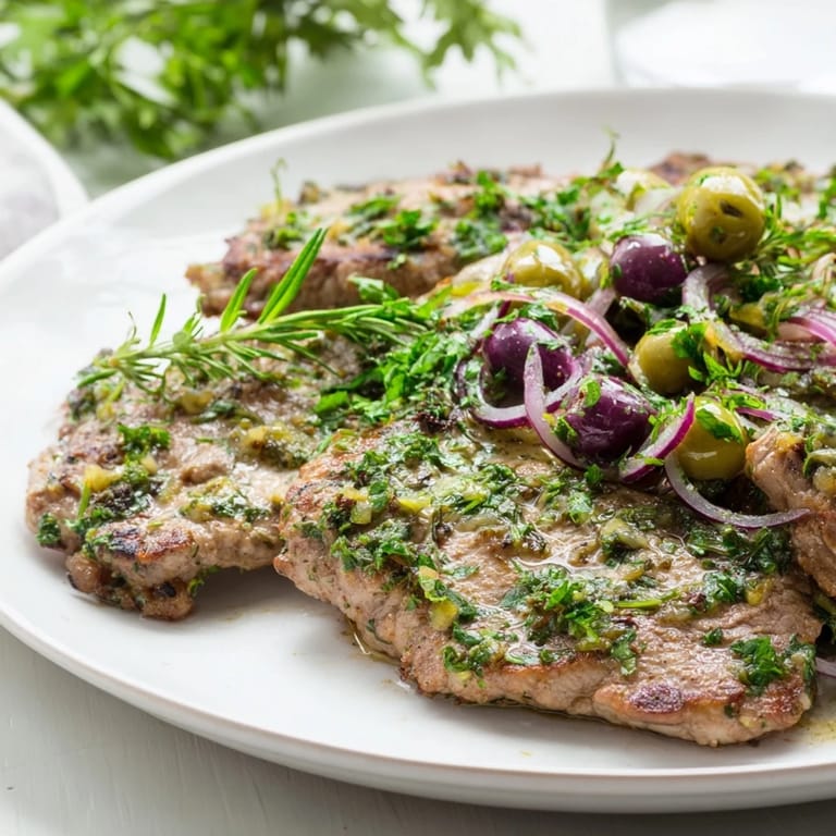Aromatic fresh herbs coat juicy pork tenderloin, served with tangy olive relish.  