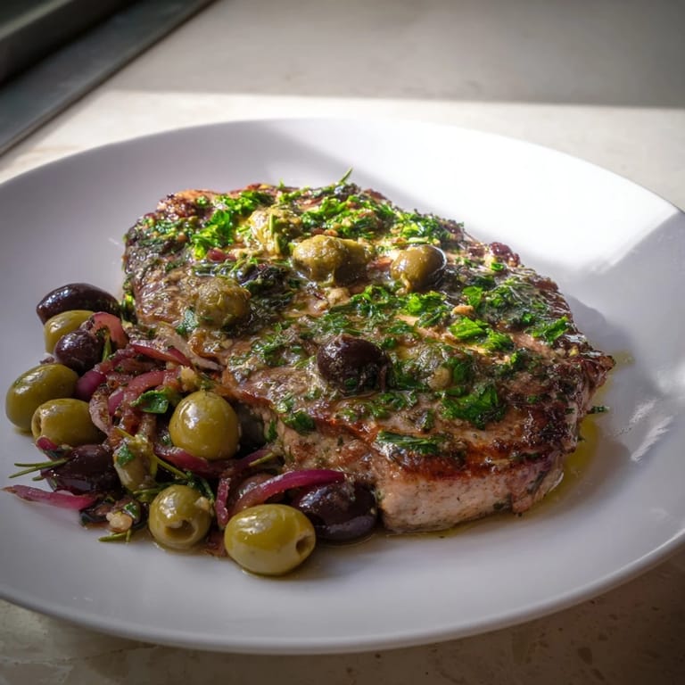 Golden-roasted pork tenderloin topped with colorful olive relish bursting with flavor.