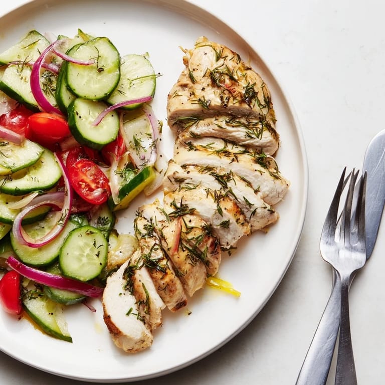 Succulent grilled lemon herb chicken served with a zesty cucumber salad, ideal for summer.  