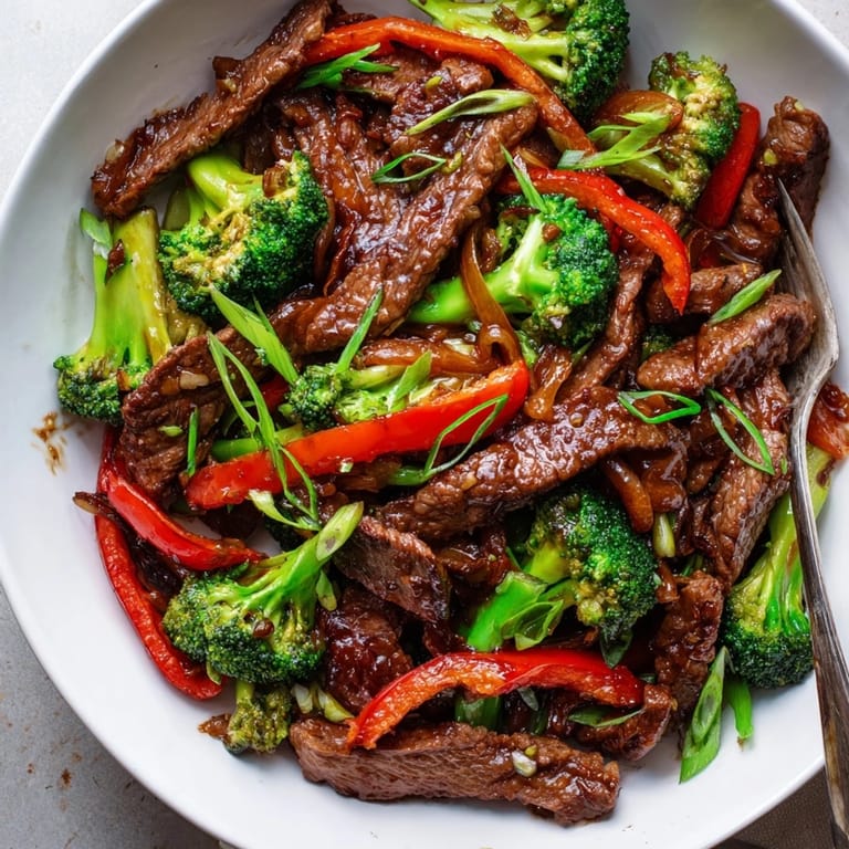Quick Beef and Broccoli Stir-Fry, served over rice, garnished with green onions.