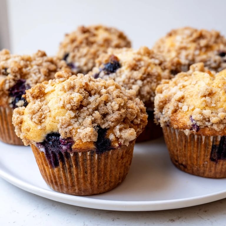 Golden brown muffins bursting with blueberries and a sweet, crunchy topping await you.