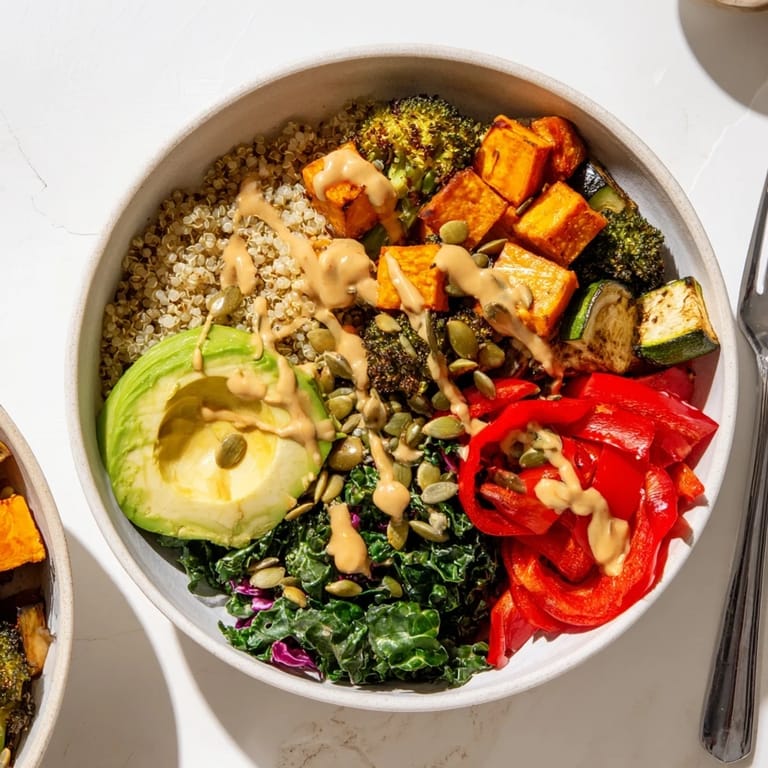 Hearty grains and seasonal veggies in a wholesome Roasted Veggie Buddha Bowl.