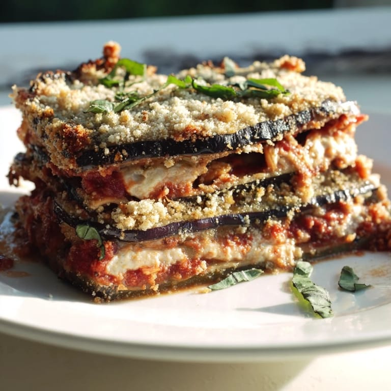 A hearty, layered Eggplant Parmesan Lasagna with crispy eggplant and rich tomato sauce, perfect for dinner.
