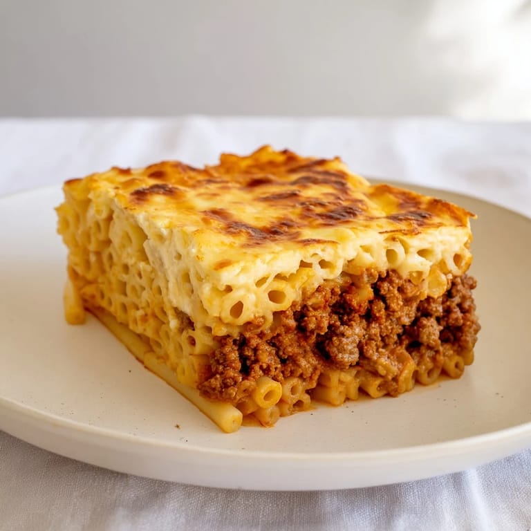 A close-up of delicious Pastitsio, showcasing layers of pasta, meat sauce, and baked béchamel.