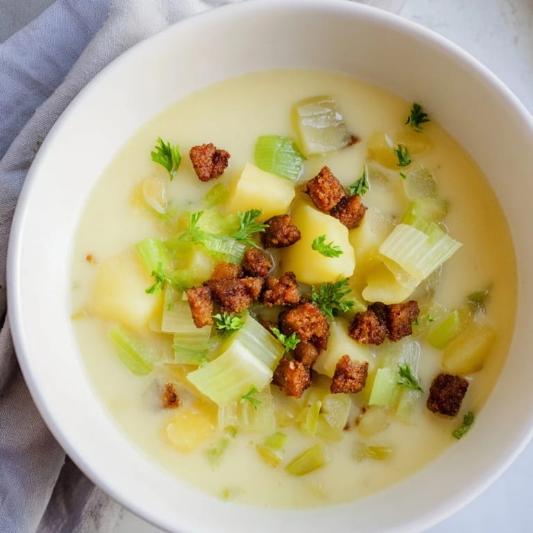 A close-up shot of creamy Potato, Leek & Chorizo Soup, garnished with fresh parsley and crusty bread.