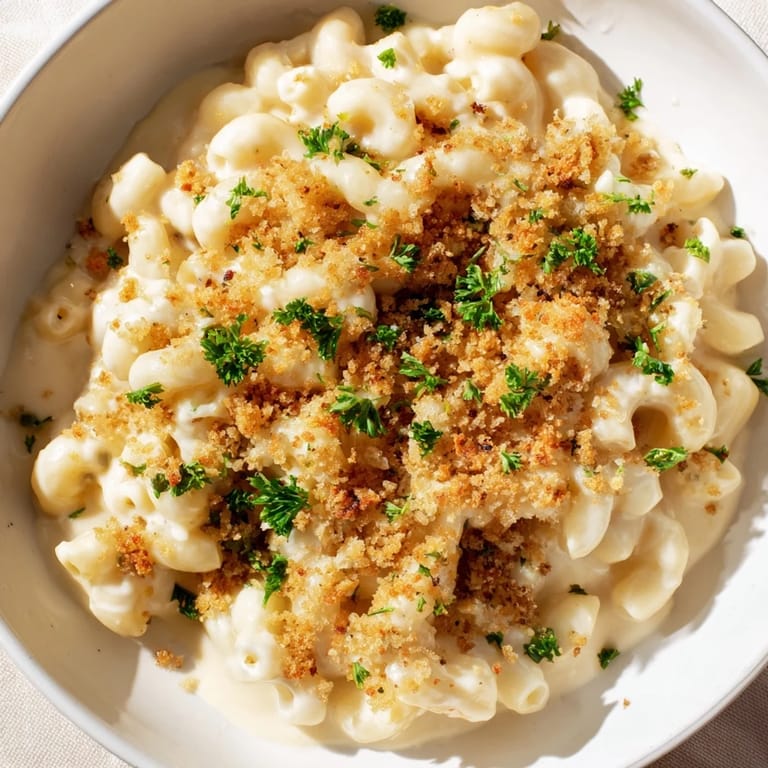 A close-up of creamy Truffle Macaroni & Cheese, rich and cheesy, ready to be served.