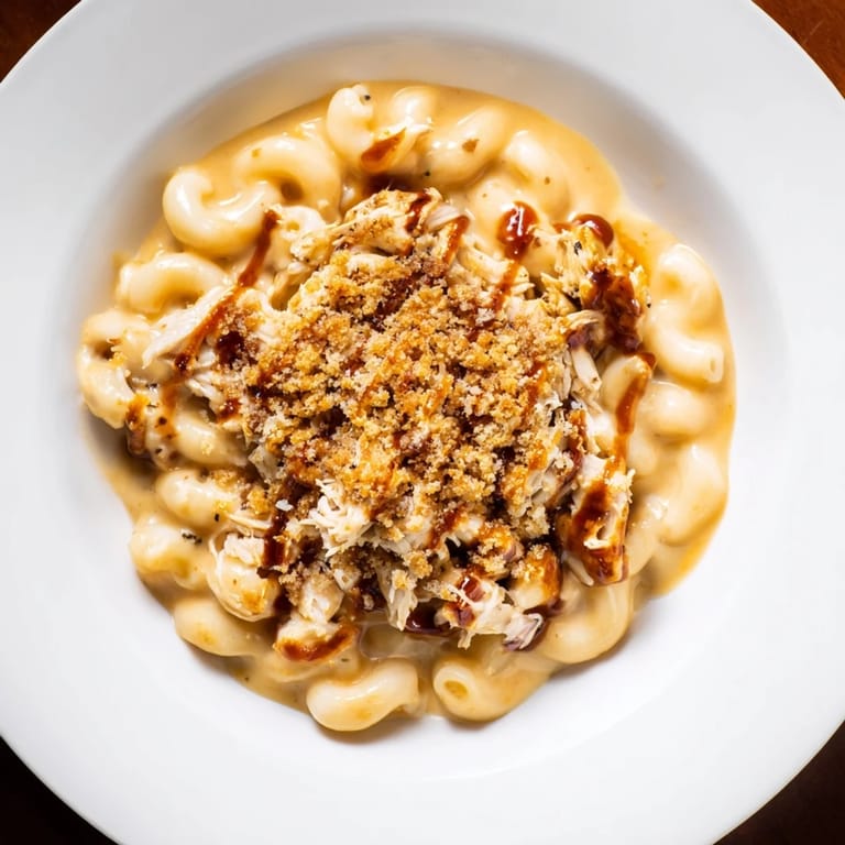 Classic mac & cheese with BBQ chicken, a bubbling casserole with smoky chicken and crispy topping.