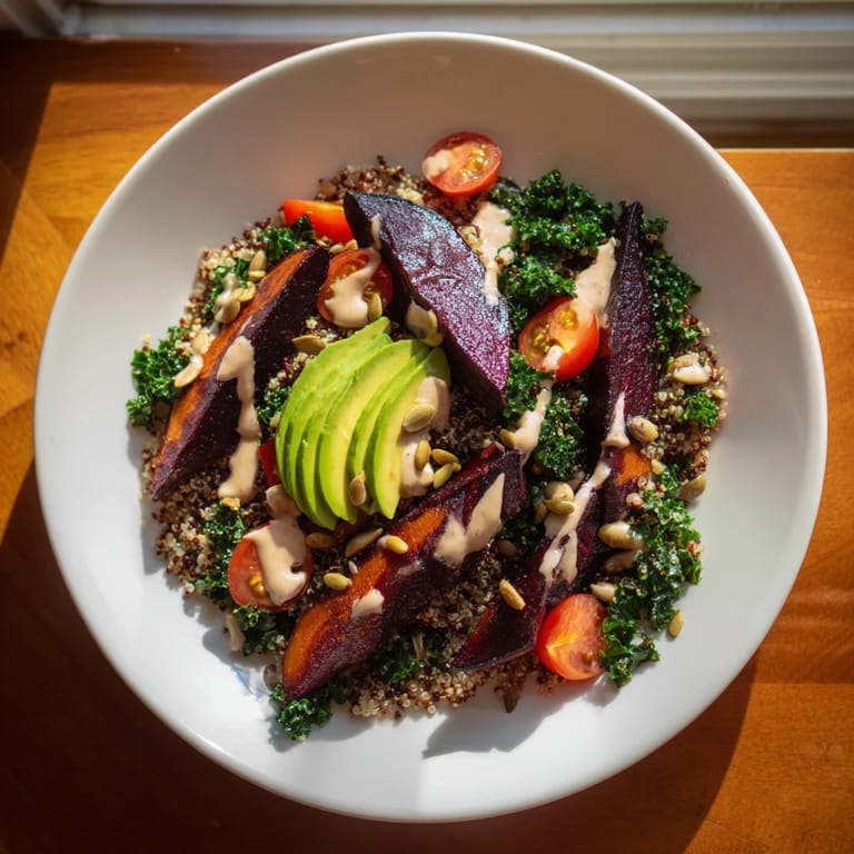 This delicious Quinoa, Kale & Roasted Beet Bowl features tender roasted beets, ready to enjoy for lunch.