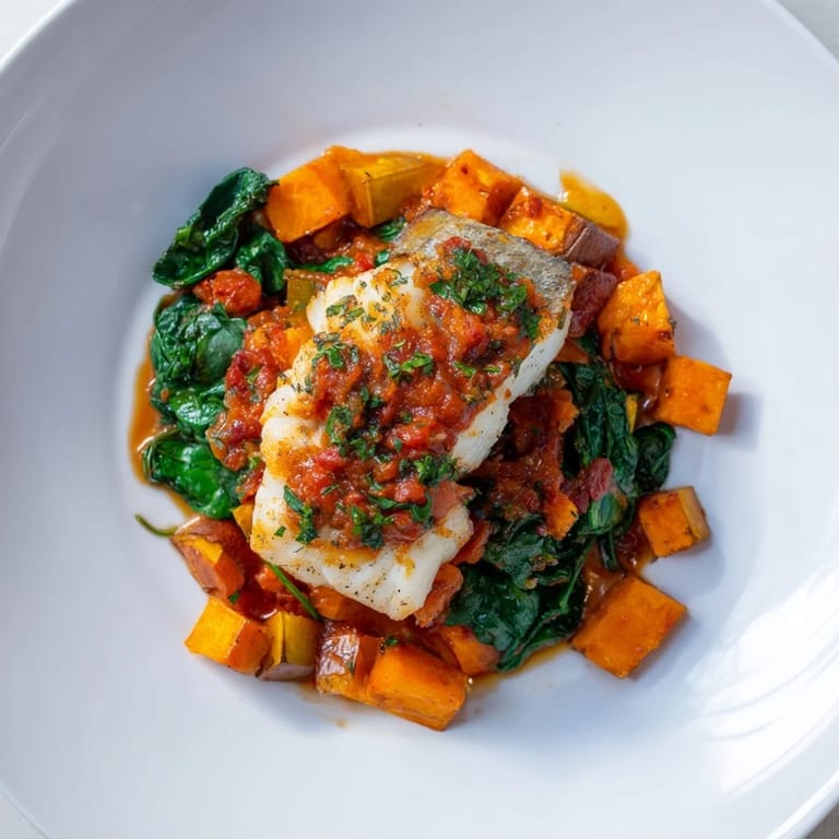 Sizzling Baked Cod with butternut squash, perfectly seasoned and baked with herbs and spinach.