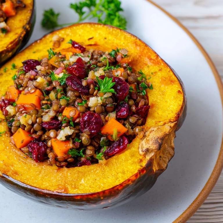 Warm, roasted Lentil & Walnut Stuffed Acorn Squash, garnished with herbs, a comforting vegetarian meal.