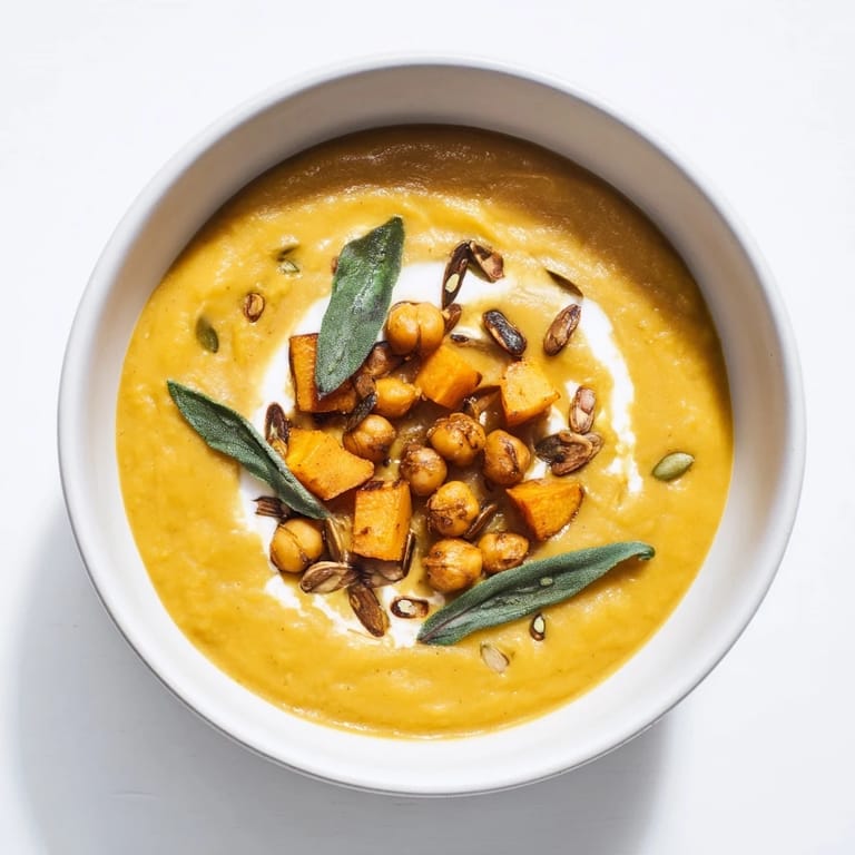Hearty Chickpea, Pumpkin & Sage Soup garnished with fresh sage and toasted pumpkin seeds is inviting.