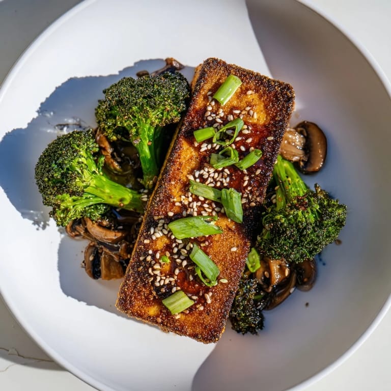 Crispy, pan-fried sautéed tofu steak with tender vegetables offers a delicious and healthy meal.