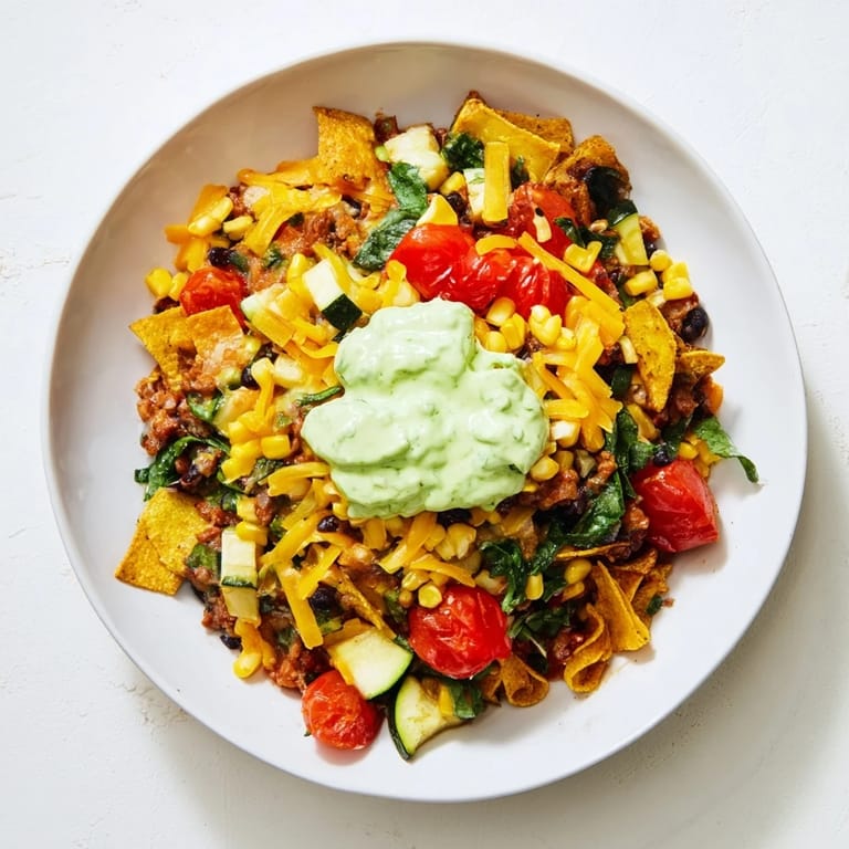 Brightly colored vegetables and cheese melting over the delicious Veggie-Packed Taco Skillet.