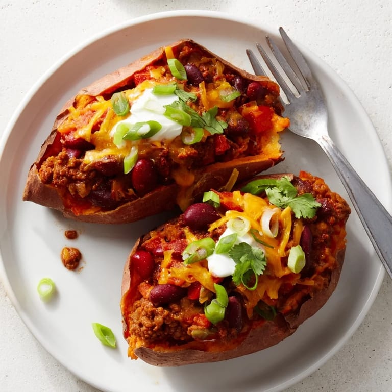 A close-up of a Baked Sweet Potato Stuffed with Chili, showing cheesy toppings and hearty filling.