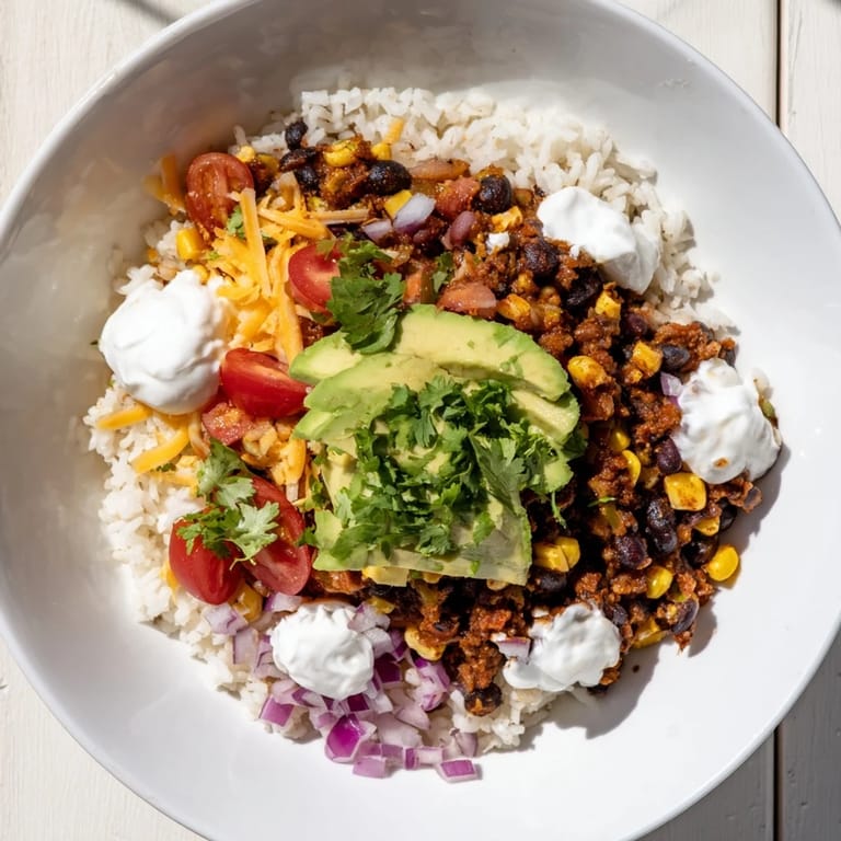 Imagine a hearty Rice, Bean, and Corn Burrito Bowl, filled with fresh vegetables for a satisfying meal.