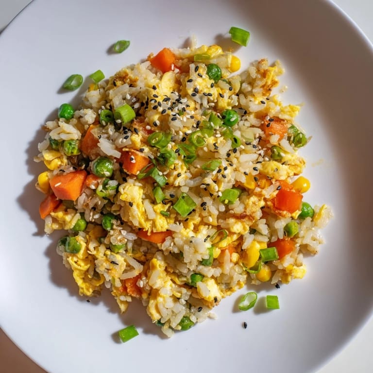 A close-up of savory frozen veggie fried rice, showcasing perfectly cooked rice and a glistening soy sauce glaze.