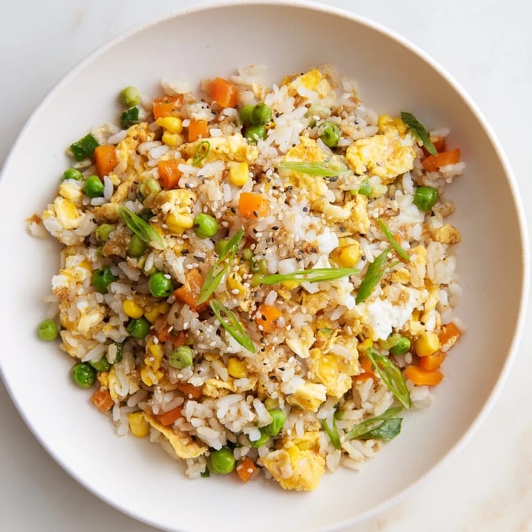 Tempting serving of vegetarian frozen veggie fried rice with sesame seeds, green onions, and fresh vibrant flavors.