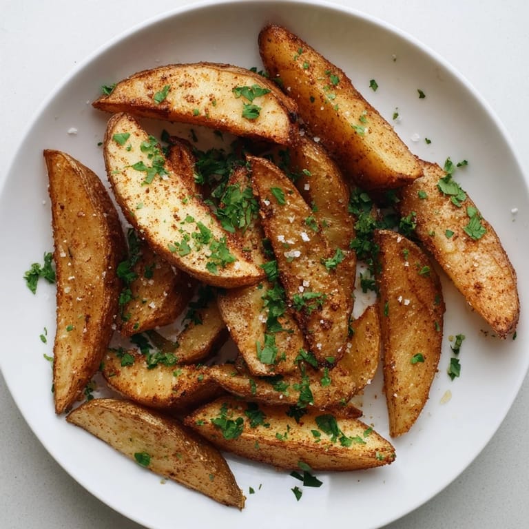 Flavorful 15-Minute Microwave Crispy Potatoes, a vibrant image of golden-brown wedges, with hints of paprika and parsley.