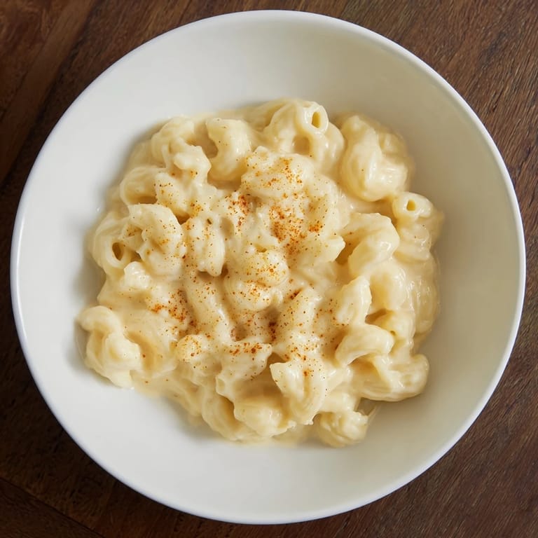 A close-up of creamy microwave mug mac & cheese, perfect for a quick and cheesy dinner.