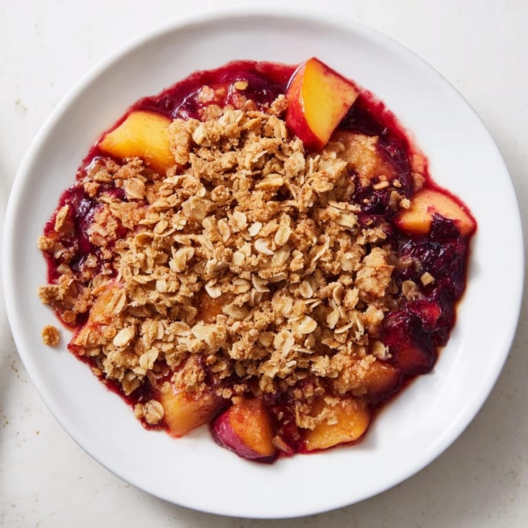 Homemade fruit crisp bubbling in the pan, perfect for serving warm with vanilla ice cream.